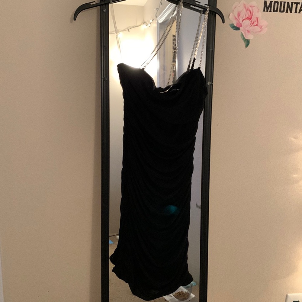 Black bodycon dress with rhinestone straps